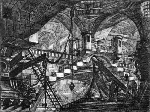 Фантазии на тему тюрем (Piranesi G.B. Carceri d&rsquo; Invenzione), Арка с осыпающимся орнаментом (The Arch with a Shell Ornament), 1745 г. Многие конструкции из этой серии гравюр не могут быть выполнены в реальности.